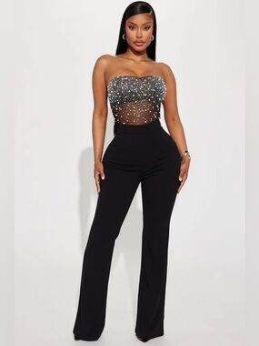 Fashion Nova Black Strapless Embellished Mesh Bodice Jumpsuit